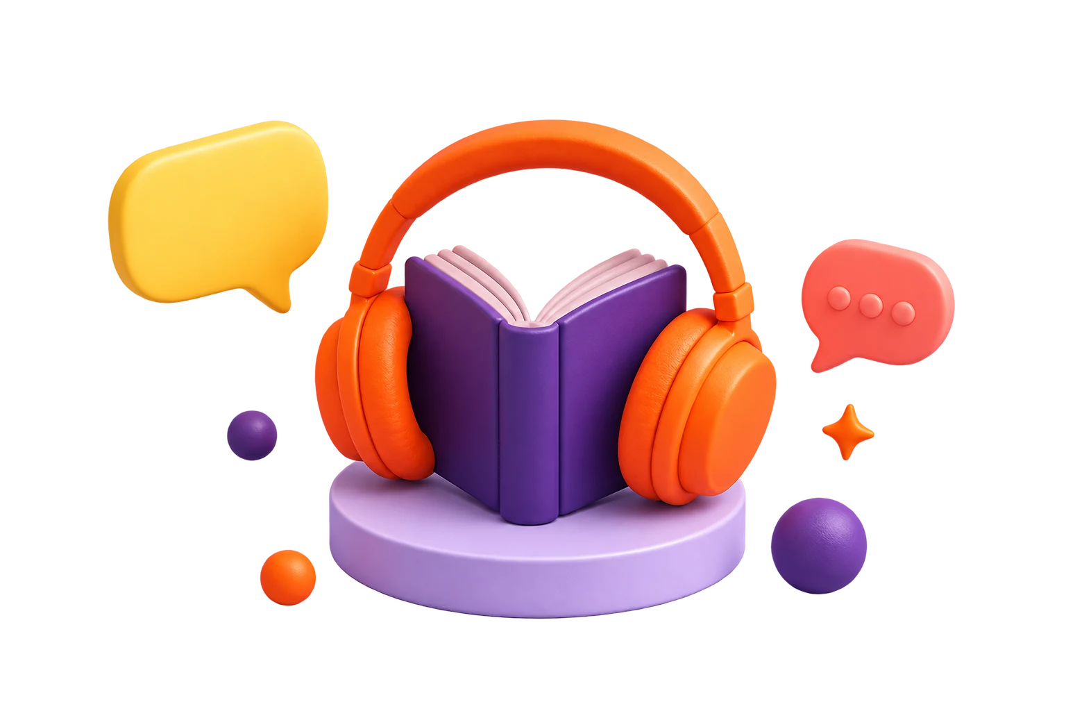 Orange headphones around a purple book, with floating conversation bubbles