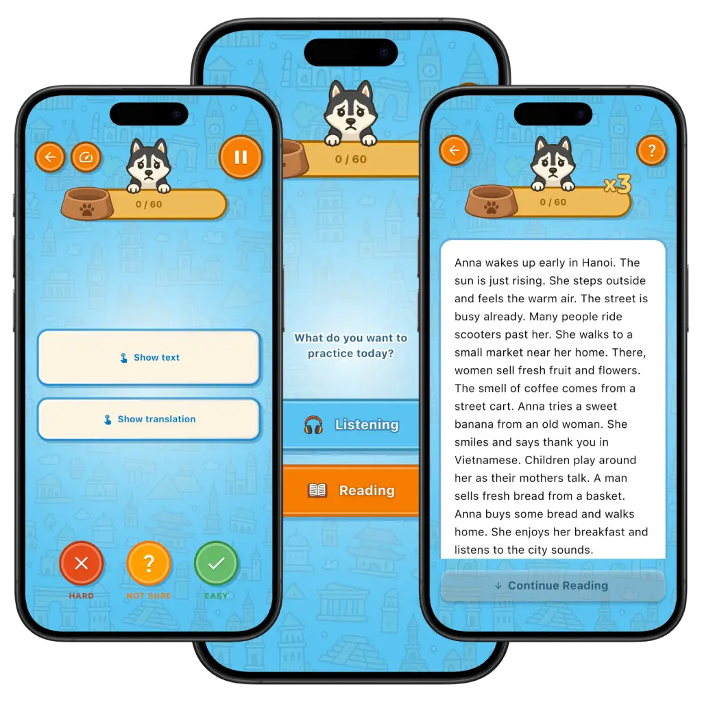 Erla app screenshots showing language learning features